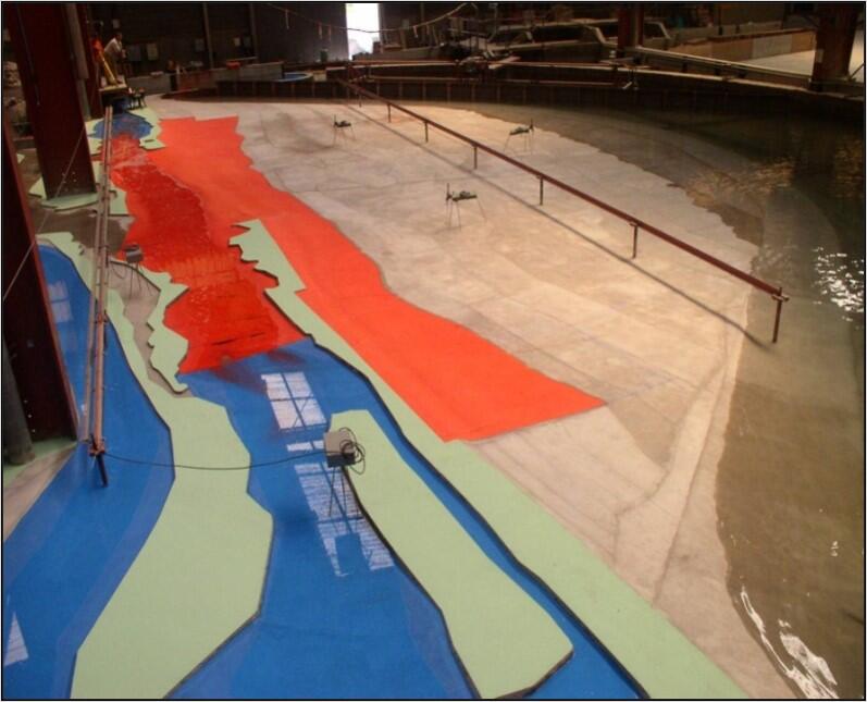 Overall view of the model – The area studied, consisting of artificial mother-of-pearl, is shown in red | Artelia hydraulics
