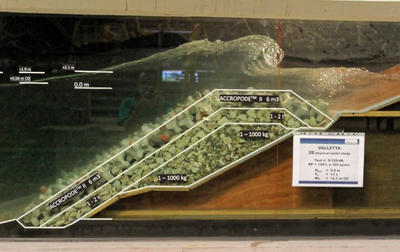 2D wave flume model: waves breaking on the submerged breakwater | Artelia Hydraulics