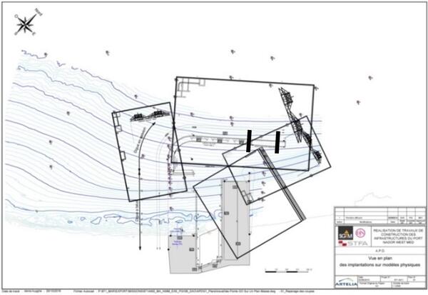 Distribution of the various port structures studied in the wave basins of the Artelia Laboratory